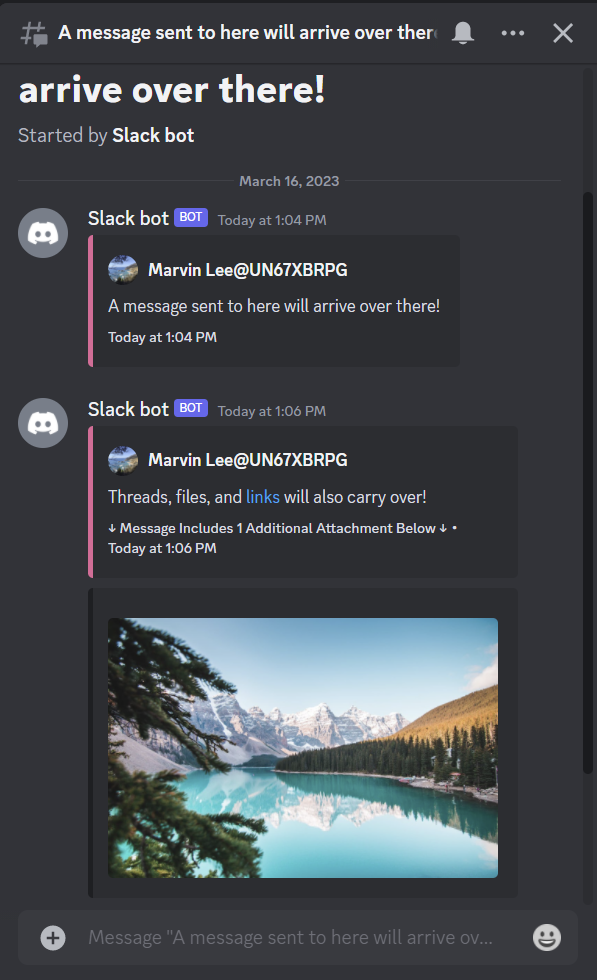 Basic Slack thread with a file upload carried over to Discord